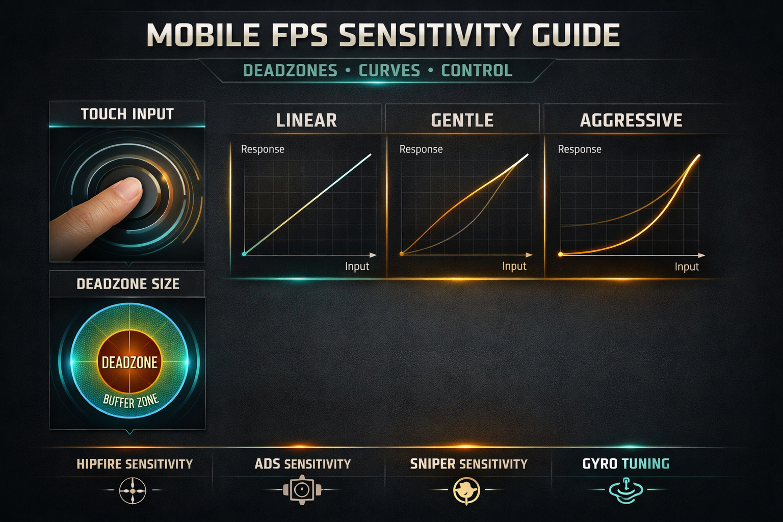 Mobile FPS sensitivity infographic showing deadzones curves ADS and gyro tuning