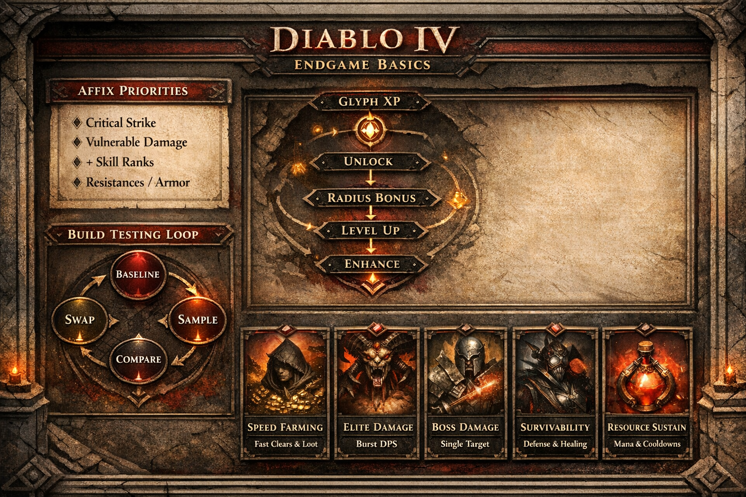 Diablo IV endgame infographic showing affixes, glyph progression, and efficient build testing
