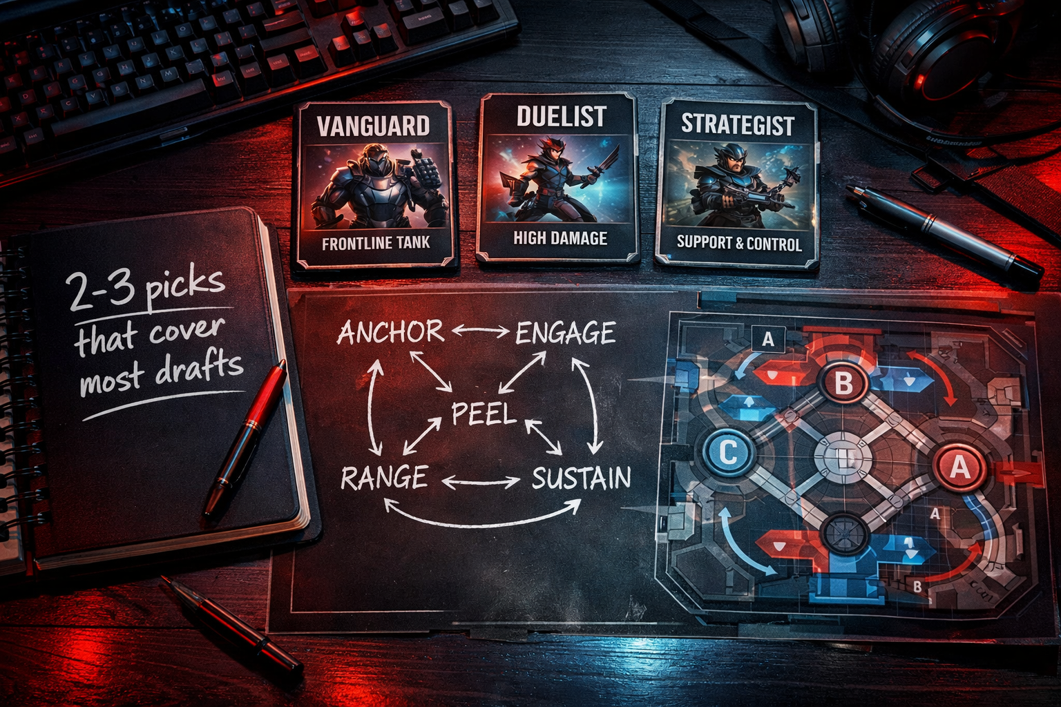  Marvel Rivals coaching desk scene illustrating how to build a flexible hero pool for most drafts