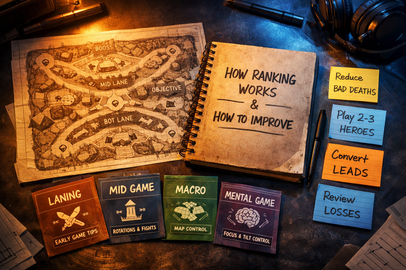 Deadlock ranked coaching desk scene with notes on laning, macro, hero pool, review habits, and reducing bad deaths.