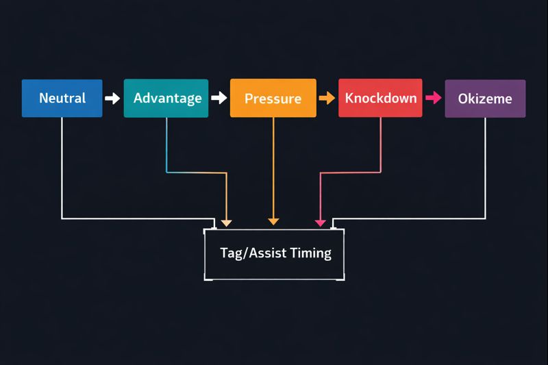 2XKO fundamentals infographic: neutral, pressure, okizeme, and tag timing